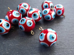 Glass Evil Eye Charm Pendant, Red Round Ball Evil Eye, Lampwork Murano, Amulet, Protective, Lucky, Handmade, 1pc