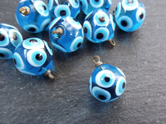 Glass Evil Eye Charm Pendant, Blue Round Ball Evil Eye, Round Ball Lampwork Murano, Amulet, Protective, Lucky, Handmade, 1pc