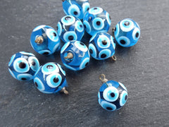 Glass Evil Eye Charm Pendant, Blue Round Ball Evil Eye, Round Ball Lampwork Murano, Amulet, Protective, Lucky, Handmade, 1pc