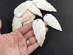 Large Leaf Pendant Carved Mother of Pearl, White MOP Feather Carving, MOP Beads, Front Drilled, Jewelry making supplies, 75x35mm, 2pcs