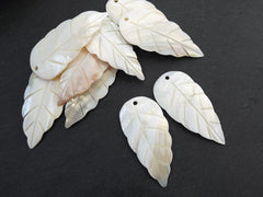 Large Leaf Pendant Carved Mother of Pearl, White MOP Feather Carving, MOP Beads, Front Drilled, Jewelry making supplies, 75x35mm, 2pcs