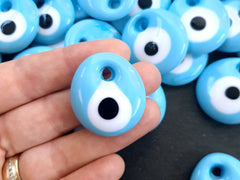 Blue Evil Eye Bead Pendant, Baby Blue Glass Turkish Nazar, Protective Talisman, Lucky Amulet, Good Luck Charm, Artisan Handmade, 35mm