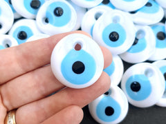 White Evil Eye Bead Pendant, White Blue Glass Turkish Nazar, Protective Talisman, Lucky Amulet, Good Luck Charm, Artisan Handmade, 35mm