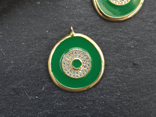 Enamel Evil Eye Charm Pendant, Green Evil Eye CZ Rhinestone Pendant, Good Luck Charm, Gold Plated