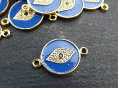 Enamel Evil Eye Charm Pendant Connector, Blue Evil Eye CZ Rhinestone Pendant, Good Luck Charm, Gold Plated