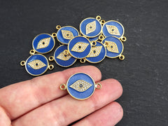 Enamel Evil Eye Charm Pendant Connector, Blue Evil Eye CZ Rhinestone Pendant, Good Luck Charm, Gold Plated