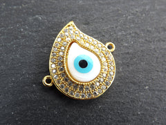 Paisley Teardrop Evil Eye Charm Bracelet Connector, MOP Rhinestone Pave, Shiny 22k Gold Plated, 1PC