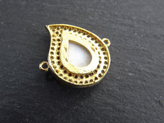 Paisley Teardrop Evil Eye Charm Bracelet Connector, MOP Rhinestone Pave, Shiny 22k Gold Plated, 1PC