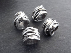 Large Silver Tube Beads, Rustic Wrap Barrel Bead, Statement Beads, Bracelet Bead Spacer, Large Hole, Matte Antique Silver, 4pc