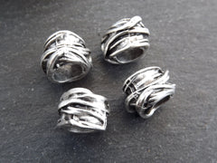 Large Silver Tube Beads, Rustic Wrap Barrel Bead, Statement Beads, Bracelet Bead Spacer, Large Hole, Matte Antique Silver, 4pc