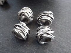 Large Silver Tube Beads, Rustic Wrap Barrel Bead, Statement Beads, Bracelet Bead Spacer, Large Hole, Matte Antique Silver, 4pc