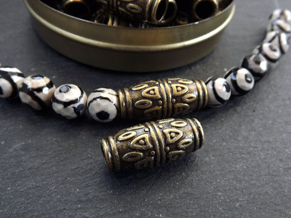 Large Bronze Tribal Marquise Beads, Oval Statement Beads, Bracelet Bead Spacer, Bronze Tube Beads, Large Hole, Antique Bronze, 2pc
