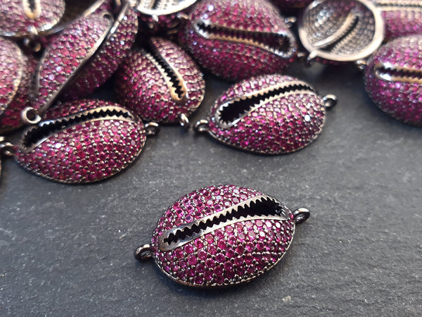 Cowrie Shell Connector Charms, Gunmetal Rhinestone Shell Charms, Hot Pink Micro Pave Cowrie Shell, Puka Shell, Bracelet Charm