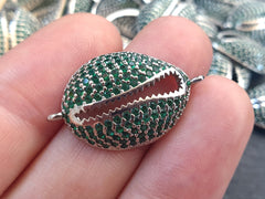 Cowrie Shell Connector Charms, Emerald Green Silver Rhinestone Shell Charms, Micro Pave Cowrie Shell, Puka Shell, Bracelet Charm