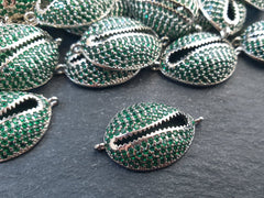 Cowrie Shell Connector Charms, Emerald Green Silver Rhinestone Shell Charms, Micro Pave Cowrie Shell, Puka Shell, Bracelet Charm