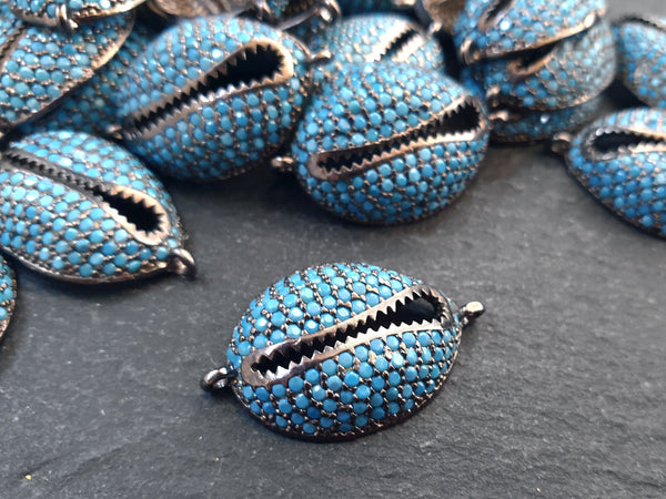 Cowrie Shell Connector Charms, Turquoise Blue Gunmetal Rhinestone Shell Charms, Micro Pave Cowrie Shell, Puka Shell, Bracelet Charm