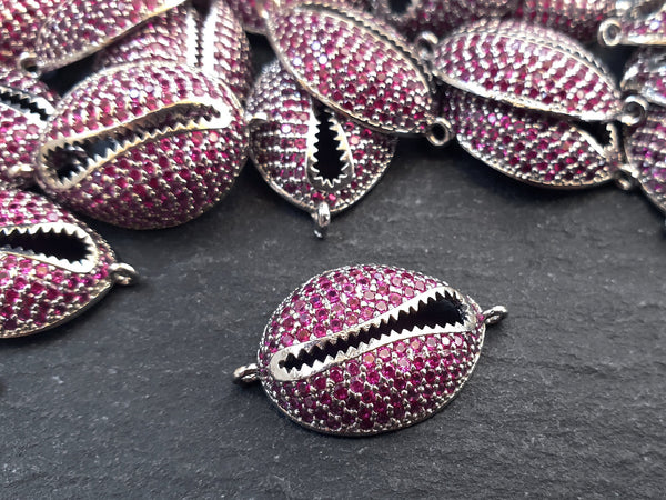 Cowrie Shell Connector Charms, Hot Pink Silver Rhinestone Shell Charms, Micro Pave Cowrie Shell, Puka Shell, Bracelet Charm