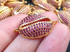 Cowrie Shell Connector Charms, Hot Pink Rhinestone Shell Gold Charms, Micro Pave Cowrie Shell, Puka Shell, Bracelet Charm
