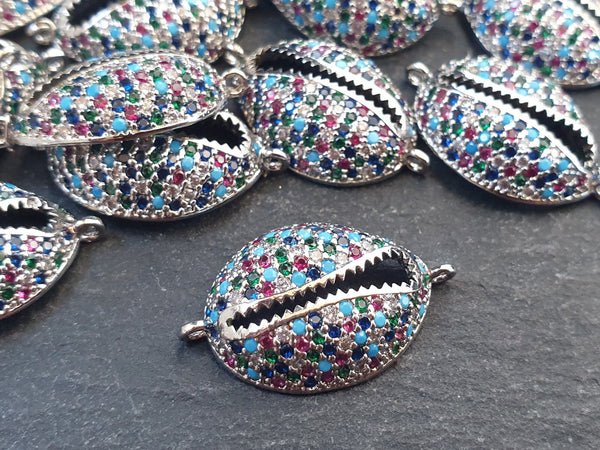 Cowrie Shell Connector Charms, Multi Color Rainbow Silver Rhinestone Shell Charms, Micro Pave Cowrie Shell, Puka Shell, Bracelet Charm