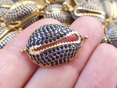 Cowrie Shell Connector Charms, Navy Blue Rhinestone Shell Gold Charms, Micro Pave Cowrie Shell, Puka Shell, Bracelet Charm