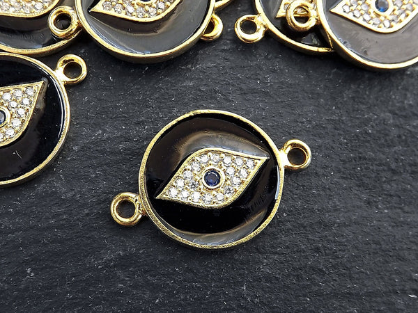 Enamel Evil Eye Charm Pendant Connector, Black Evil Eye CZ Rhinestone Pendant, Good Luck Charm, Gold Plated