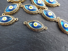 Evil Eye Charm Bracelet Connector, Blue Elipse Eye Pendant, Protective Talisman, Black Rhinestone Pave, Shiny 22k Gold Plated, 1PC