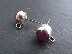 Pink Stone Earring Posts, Jade Gemstone Stud Earrings, Ear Post, Earring Component, Matte Silver Plated, 1 Pair