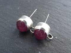 Pink Stone Earring Posts, Jade Gemstone Stud Earrings, Ear Post, Earring Component, Matte Silver Plated, 1 Pair