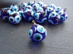 Glass Evil Eye Charm Pendant, Cobalt Blue Round Ball Evil Eye, Lampwork Murano, Amulet, Protective, Lucky, Handmade, 1pc