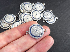Evil Eye Charm Bracelet Connector, Round Greek Eye, Turkish Eye, CZ Rhinestone Pave, Protective Talisman, Lucky Amulet, Silver Plated