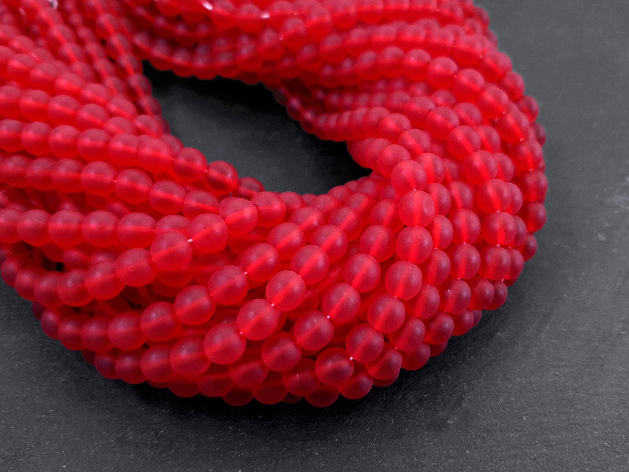 8mm Red Frosted Round Glass Beads, Matte Czech Loose Smooth Beads, 50 beads per strand, Full 16 inch Strand