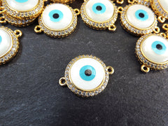 Evil Eye Charm Bracelet Connector, White Round Eye Pendant, Protective Talisman, Rhinestone Pave, Shiny 22k Gold Plated, 1PC