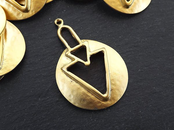 Tribal Triangle Gold Pendant, Round Hammered Gold Pendant, Rustic Geometric Jewelry Supplies, 22k Matte Gold Plated, 1pc