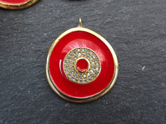 Enamel Evil Eye Charm Pendant, Red Evil Eye CZ Rhinestone Pendant, Good Luck Charm, Gold Plated