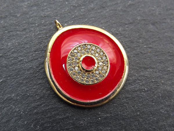 Enamel Evil Eye Charm Pendant, Red Evil Eye CZ Rhinestone Pendant, Good Luck Charm, Gold Plated