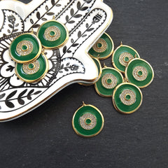 Enamel Evil Eye Charm Pendant, Green Evil Eye CZ Rhinestone Pendant, Good Luck Charm, Gold Plated