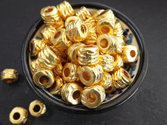 Large Gold Tube Beads, Wavy Wrap Barrel Bead, Statement Beads, Bracelet Bead Spacer, Gold Tube Beads, Large Hole, 22k Matte Gold, 3pc