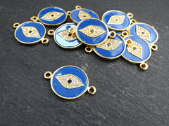 Enamel Evil Eye Charm Pendant Connector, Blue Evil Eye CZ Rhinestone Pendant, Good Luck Charm, Gold Plated