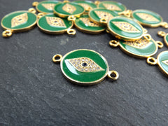 Enamel Evil Eye Charm Pendant Connector, Green Evil Eye CZ Rhinestone Pendant, Good Luck Charm, Gold Plated