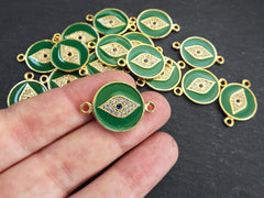 Enamel Evil Eye Charm Pendant Connector, Green Evil Eye CZ Rhinestone Pendant, Good Luck Charm, Gold Plated