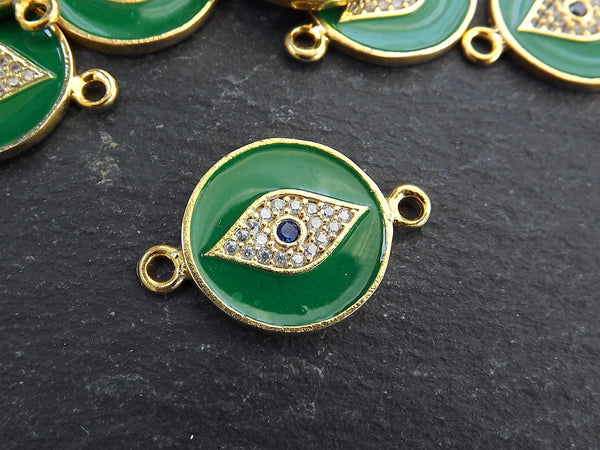 Enamel Evil Eye Charm Pendant Connector, Green Evil Eye CZ Rhinestone Pendant, Good Luck Charm, Gold Plated