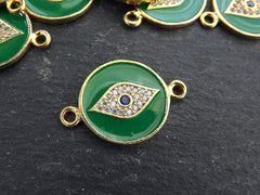 Enamel Evil Eye Charm Pendant Connector, Green Evil Eye CZ Rhinestone Pendant, Good Luck Charm, Gold Plated