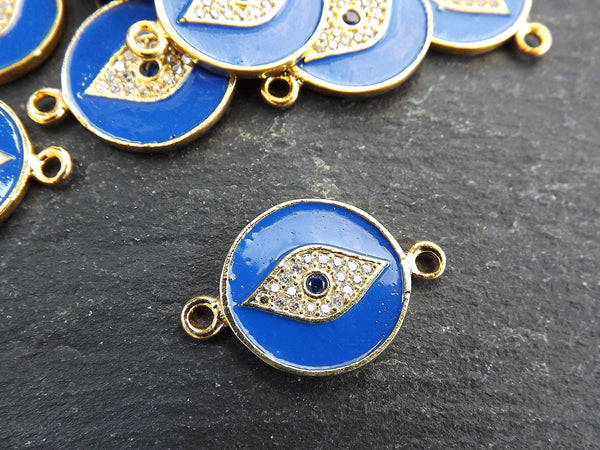 Enamel Evil Eye Charm Pendant Connector, Blue Evil Eye CZ Rhinestone Pendant, Good Luck Charm, Gold Plated