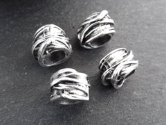 Large Silver Tube Beads, Rustic Wrap Barrel Bead, Statement Beads, Bracelet Bead Spacer, Large Hole, Matte Antique Silver, 4pc