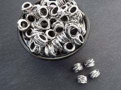 Large Silver Tube Beads, Rustic Wrap Barrel Bead, Statement Beads, Bracelet Bead Spacer, Large Hole, Matte Antique Silver, 4pc