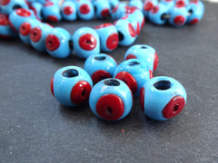 Sky Blue Glass Evil Eye Beads, Chunky Rondelle, Red Eye, Rustic Traditional Turkish Artisan Handmade, Lucky Protective Nazar Beads