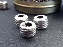 Large Silver Tube Beads, Wavy Wrap Barrel Bead, Statement Beads, Bracelet Bead Spacer, Large Hole, Matte Antique Silver Plated 3pc