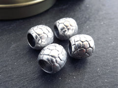 Large Silver Tube Beads, Scaled Barrel Bead, Statement Beads, Bracelet Bead Spacer, Large Hole, Matte Antique Silver Plated 4pc