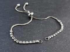 Adjustable Slider Bracelet Blank, Silver Rhinestone Box Chain Sliding Clasp Bracelet, Chain Connector, Jump Ring on Both Sides For Charm 1pc