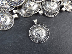 Zodiac Horoscope Pendant, Sun Moon Pendant, Silver Constellation Charm, Disc Pendant, Coin Pendant, Matte Antique SilverPlated, 1pc